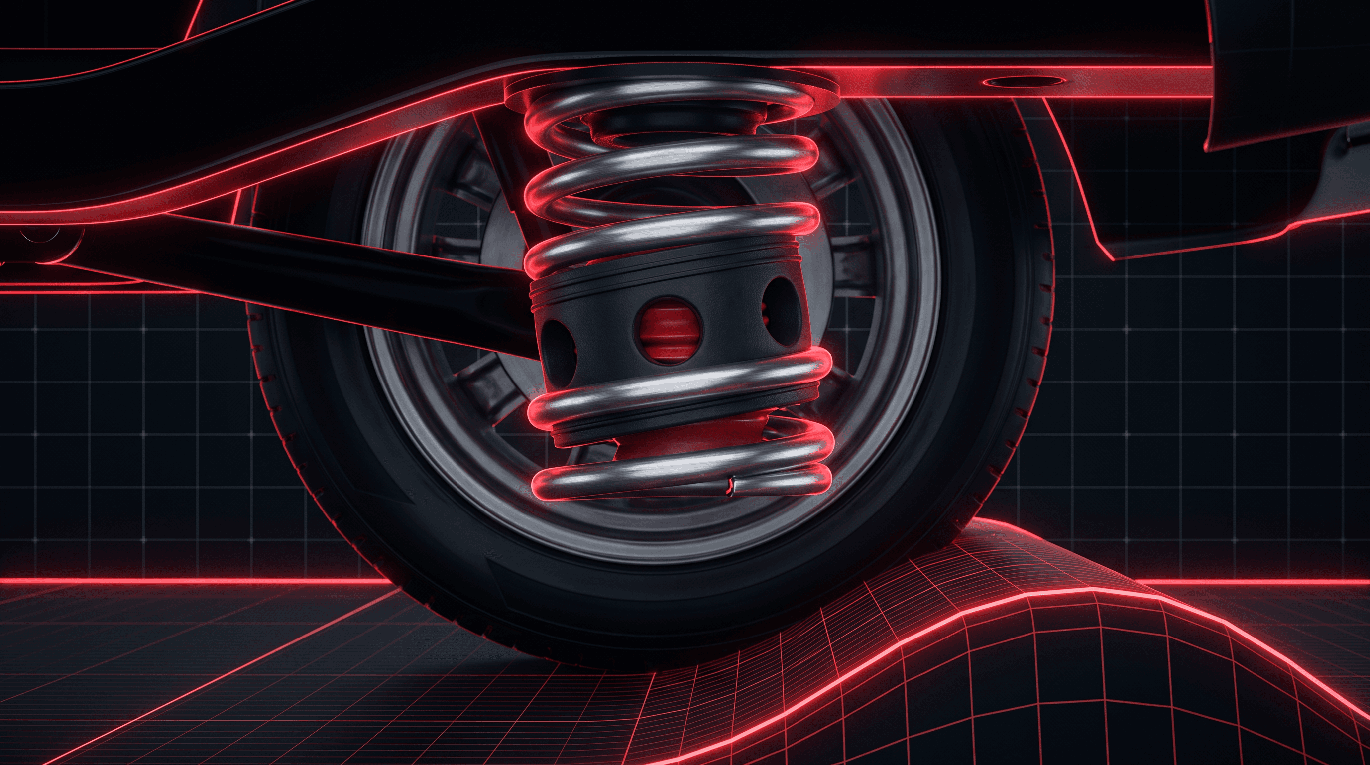Rubber Shock RS-001 - Render 3D cinematográfico y vista rayos X de suspensión